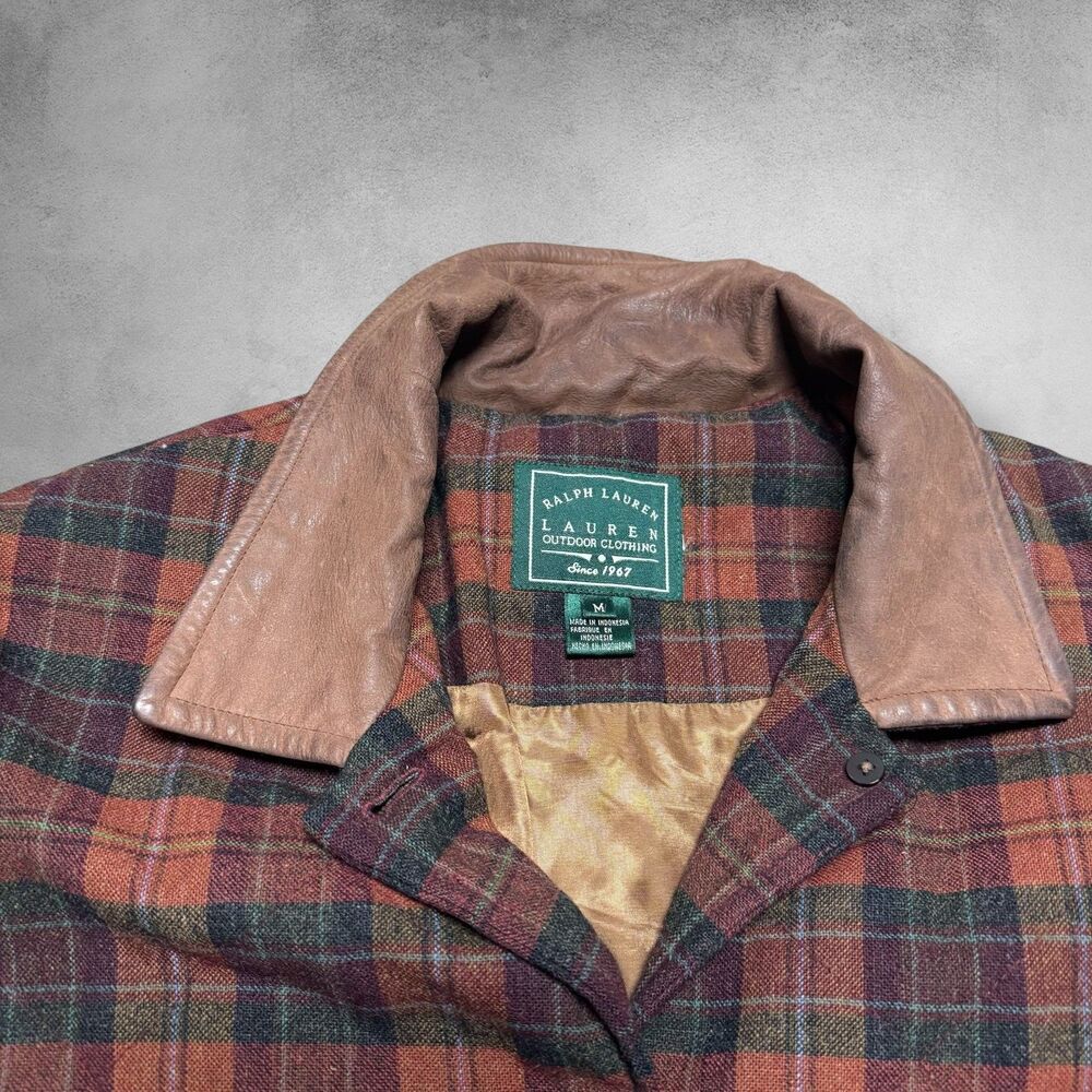 Vtg 90s Ralph Lauren Outdoor Jacket Lambswool Leather Barn Chore Coat Boxy Plaid - Picture 3 of 7
